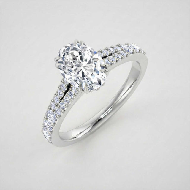 Oval Cut Diamond Engagement Ring with Double Pave Band | 10K & 14K Gold, Platinum
