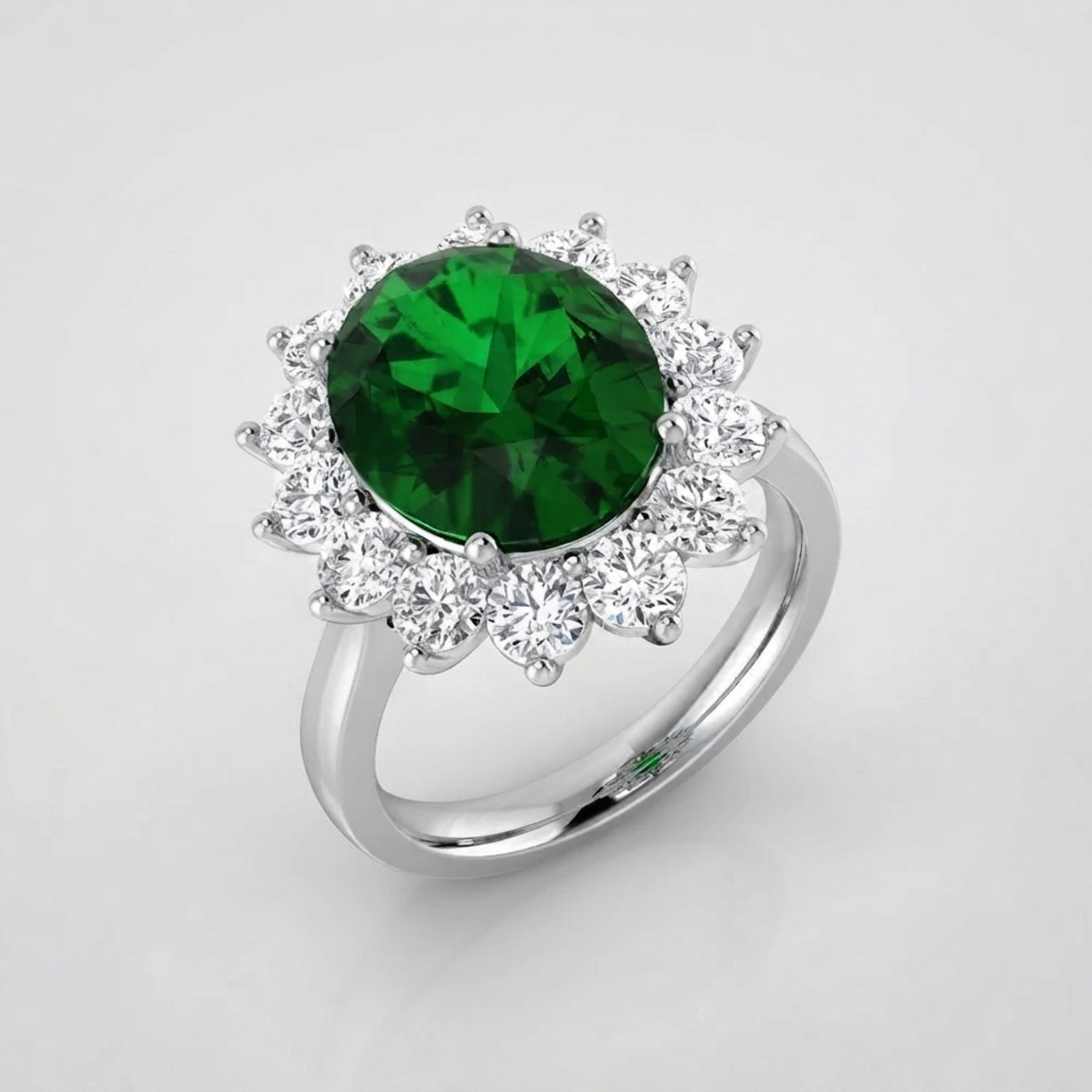Oval Green Emerald Halo Engagement Ring with Natural Diamond Cluster in 10K/14K gold and platinum with certified lab-grown or natural diamonds
