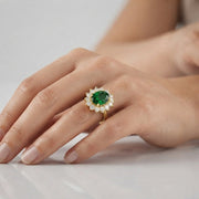 Oval Green Emerald Halo Engagement Ring with Natural Diamond Cluster in 10K/14K gold and platinum with certified lab-grown or natural diamonds
