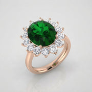 Oval Green Emerald Halo Engagement Ring with Natural Diamond Cluster in 10K/14K gold and platinum with certified lab-grown or natural diamonds