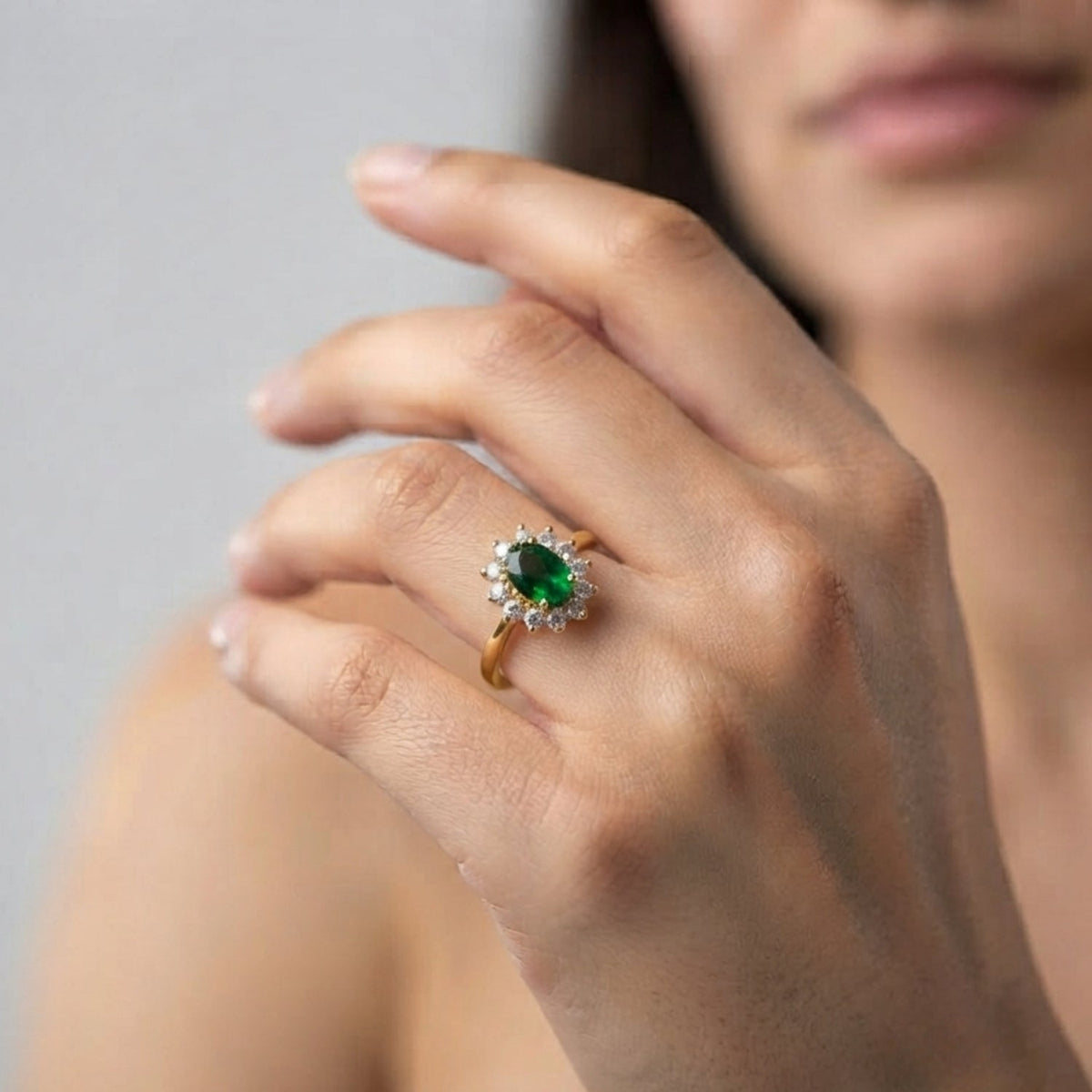 Oval Green Emerald Halo Engagement Ring with Natural Diamond Cluster in 10K/14K gold and platinum with certified lab-grown or natural diamonds