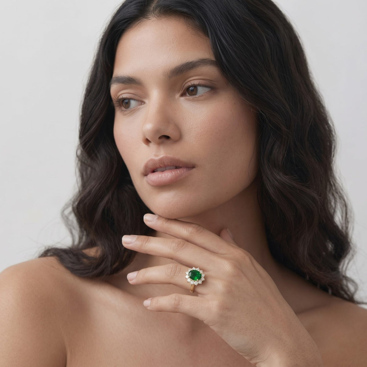 Oval Green Emerald Halo Engagement Ring with Natural Diamond Cluster in 10K/14K gold and platinum with certified lab-grown or natural diamonds