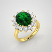 Oval Green Emerald Halo Engagement Ring with Natural Diamond Cluster in 10K/14K gold and platinum with certified lab-grown or natural diamonds