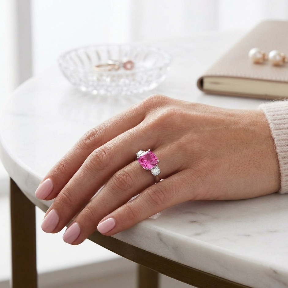 Cushion Cut Pink Sapphire Ring with Diamond Side Stones in 10K/14K gold and platinum with certified lab-grown or natural diamonds