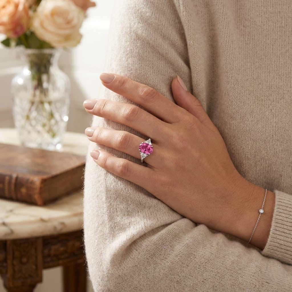 Platinum Oval Cut Pink Sapphire Ring with Natural Trillion Diamond Side Stones in 10K/14K gold and platinum with certified lab-grown or natural diamonds