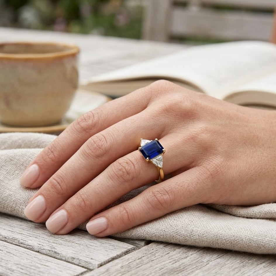 Emerald Cut Blue Sapphire Ring with Trillion Diamond Side Stones in 10K/14K gold and platinum with certified lab-grown or natural diamonds