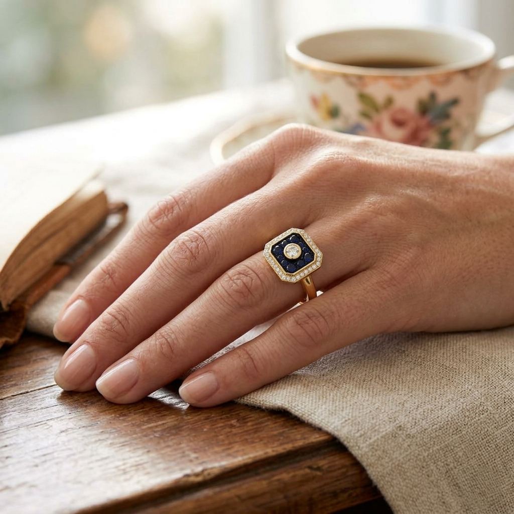 Sapphire & Natural Diamond Ring with Bezel Set Center and Pave Halo in 10K/14K gold and platinum with certified lab-grown or natural diamonds