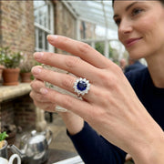 Cushion Cut Blue Sapphire Halo Ring with Round Cluster Natural Diamond in 10K/14K gold and platinum with certified lab-grown or natural diamonds