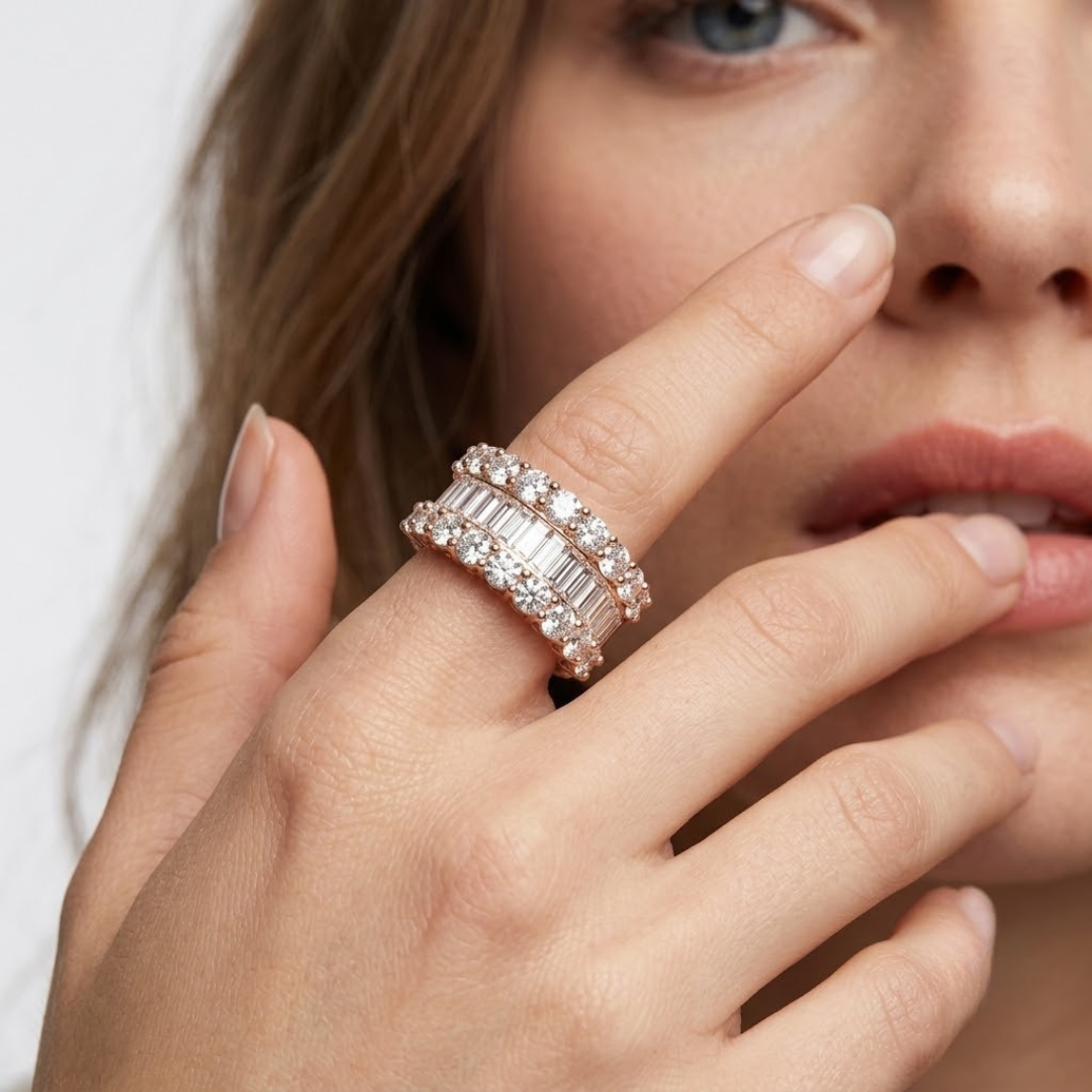 Baguette and Round Brilliant Diamond Platinum Half Eternity Ring in 10K/14K gold and platinum with certified lab-grown or natural diamonds