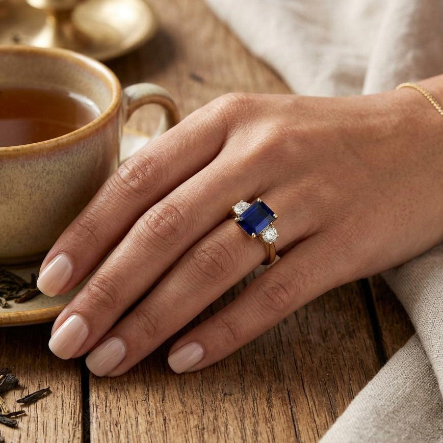 Emerald Cut Blue Sapphire Ring in 10K/14K gold and platinum with certified lab-grown or natural diamonds