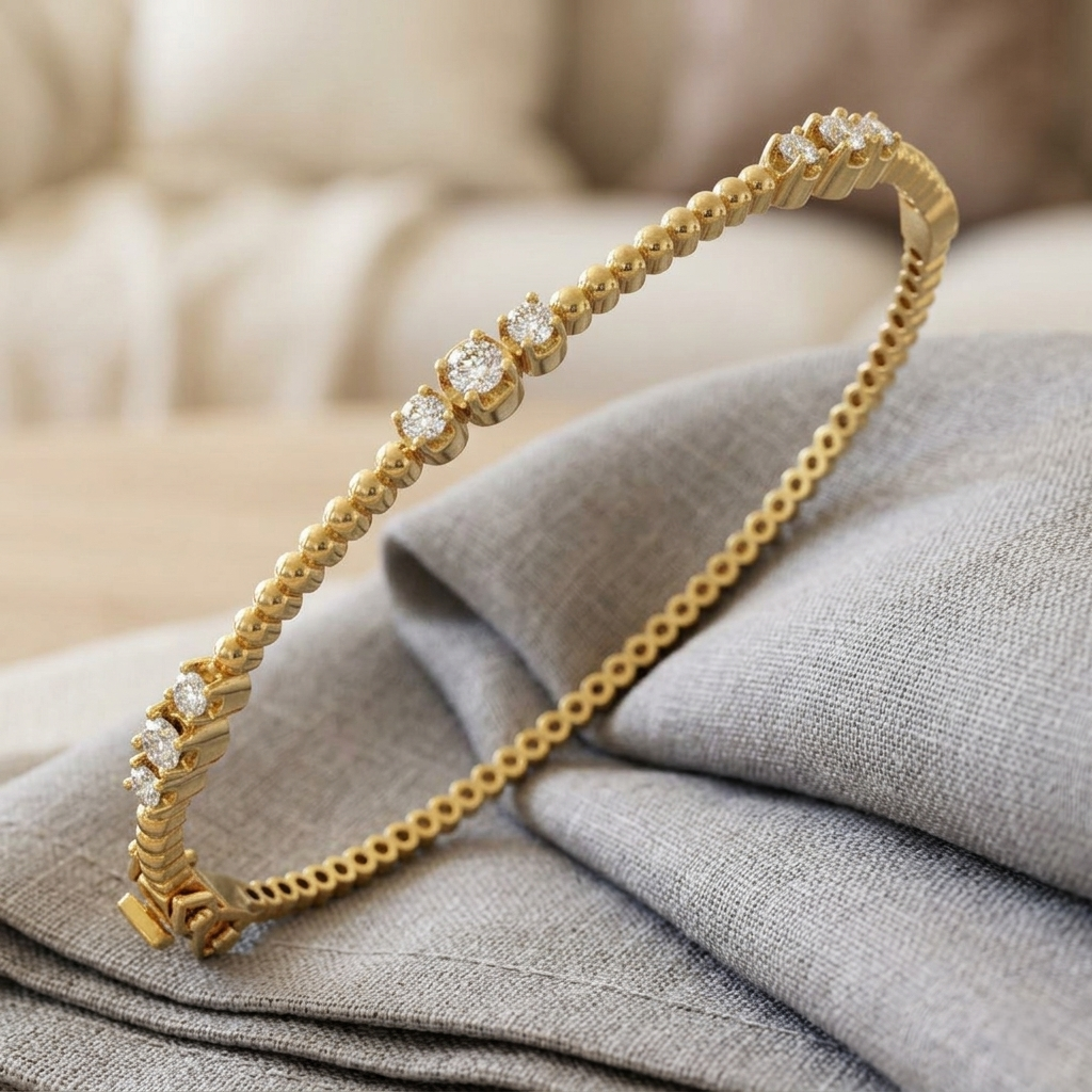Lab Grown Round Cut Diamond Trio Prong Set Beaded Fancy Hinged Bangle with Box Lock in 10K/14K gold and platinum with certified lab-grown or natural diamonds
