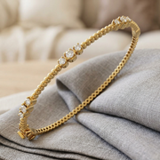 Lab Grown Round Cut Diamond Trio Prong Set Beaded Fancy Hinged Bangle with Box Lock in 10K/14K gold and platinum with certified lab-grown or natural diamonds