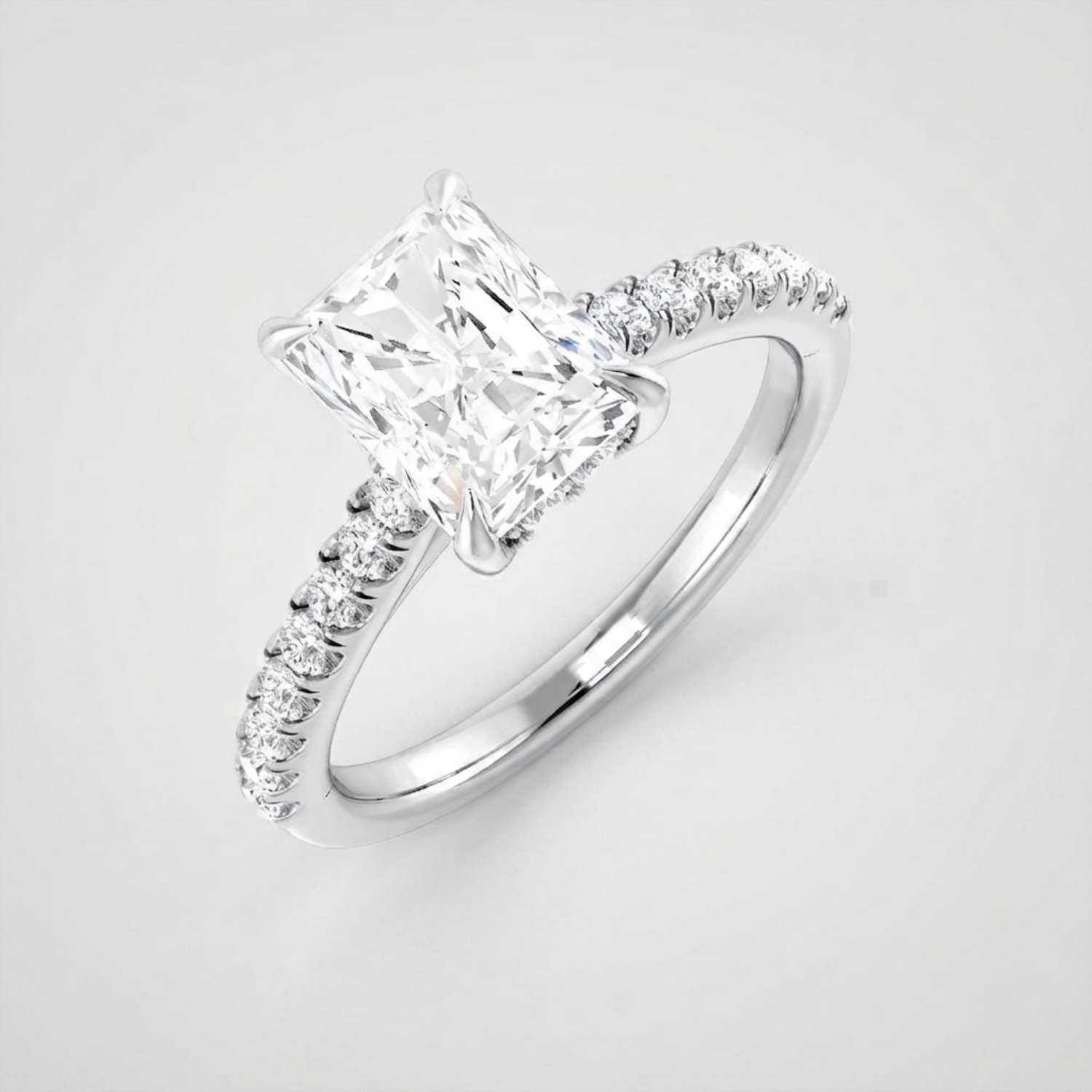 Radiant Cut Diamond Engagement Ring with Pave Diamond in 10K/14K gold and platinum with certified lab-grown or natural diamonds