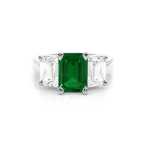 Darlena Emerald Yellow Gold 4 Prong 3 Stone Diamond Ring