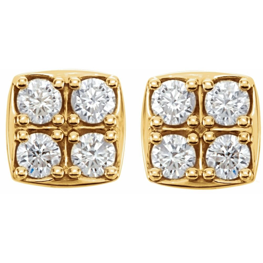 Fantasia Natural Yellow Gold 4 Prong Set Cluster Diamond Earrings