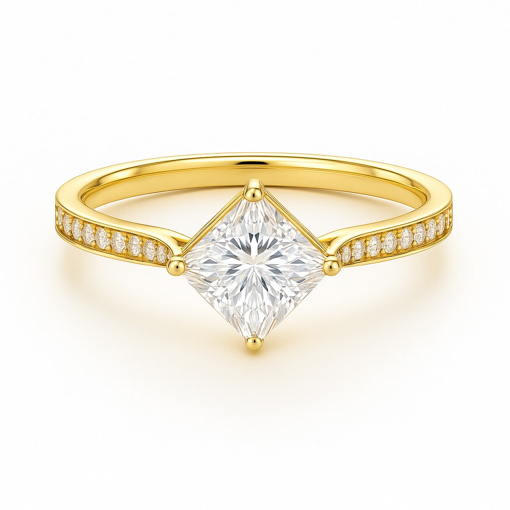 Belet Lab Grown Diamond Yellow Gold 4 Prong Side Stone Engagement Ring